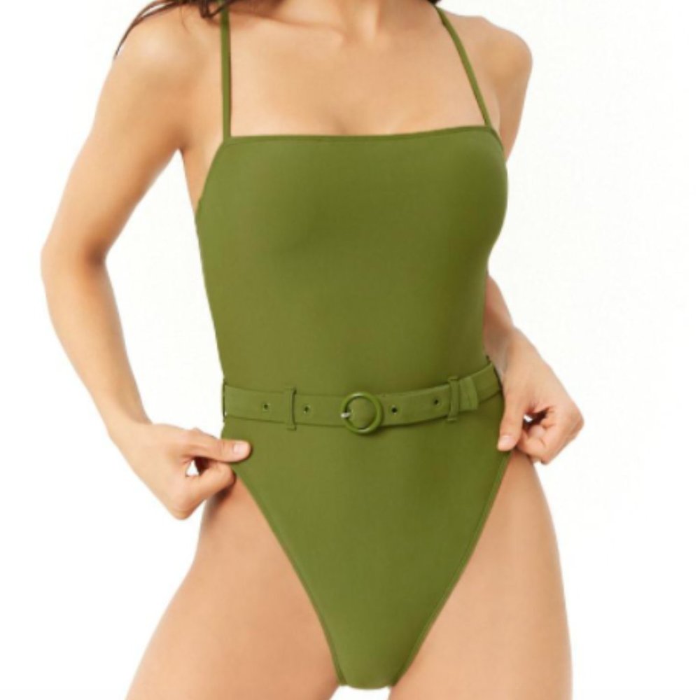 F21 Olive Green Belted High Leg One Piece Swimsuit - Picture 4 of 16
